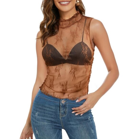 ✨Women's Brown Mesh Sheer Lace Crop Top Cap Sleeve Summer Sexy Blouse Shirts - Picture 1 of 8